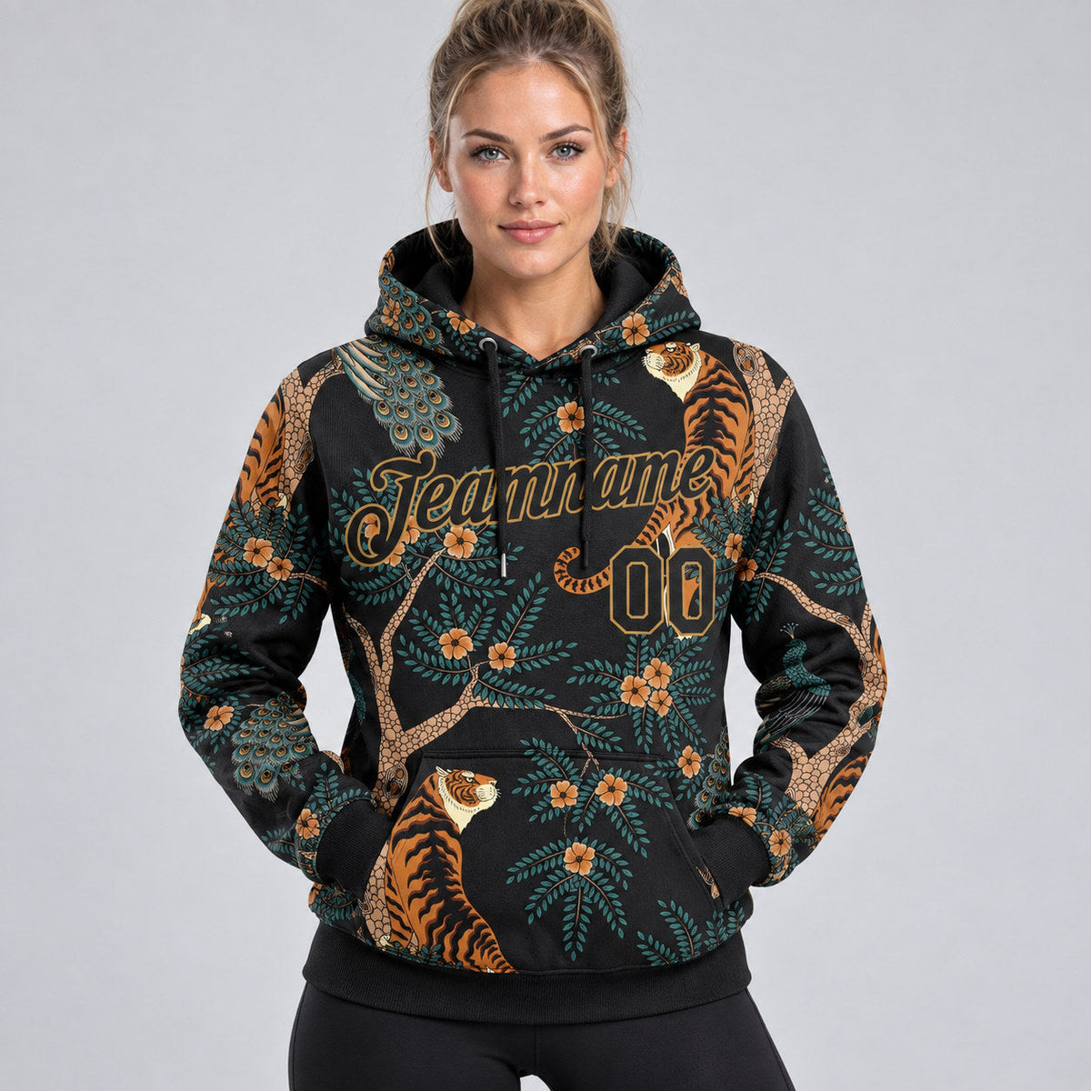Custom Black Tiger And Peacock Pullover Hoodie with Black and Old Gold Lettering worn by female model