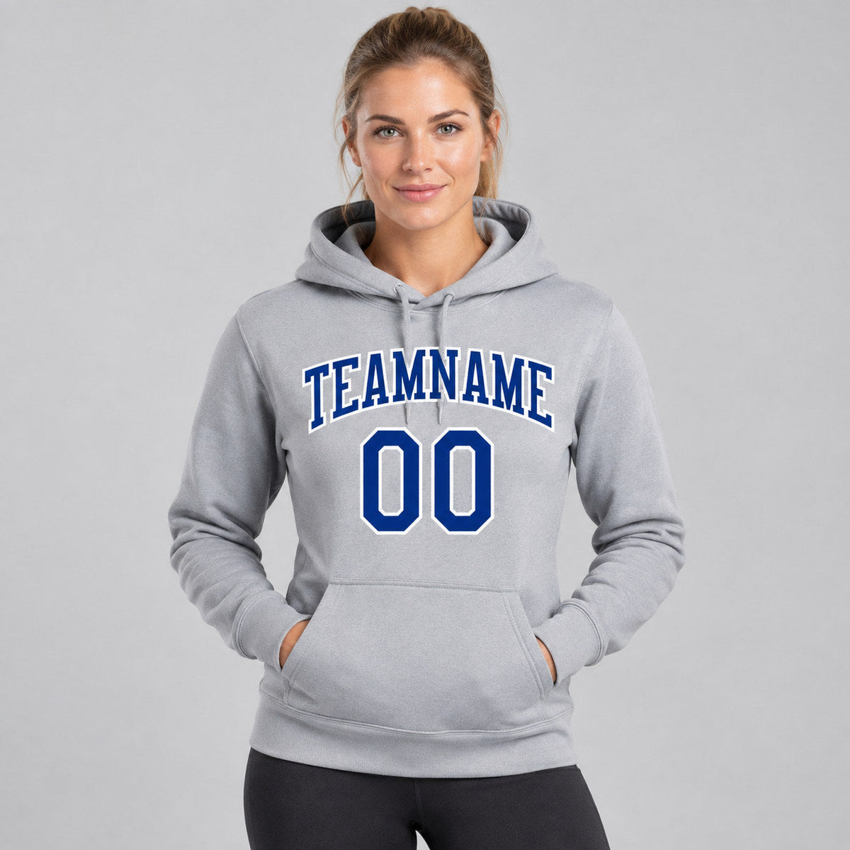 Custom Gray Pullover Hoodie with Royal Lettering worn by female model