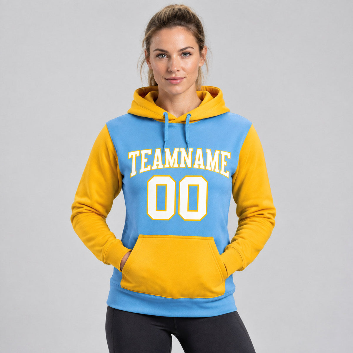 Custom Light Blue Pullover Hoodie with White and Gold Lettering Design 0163 worn by female model