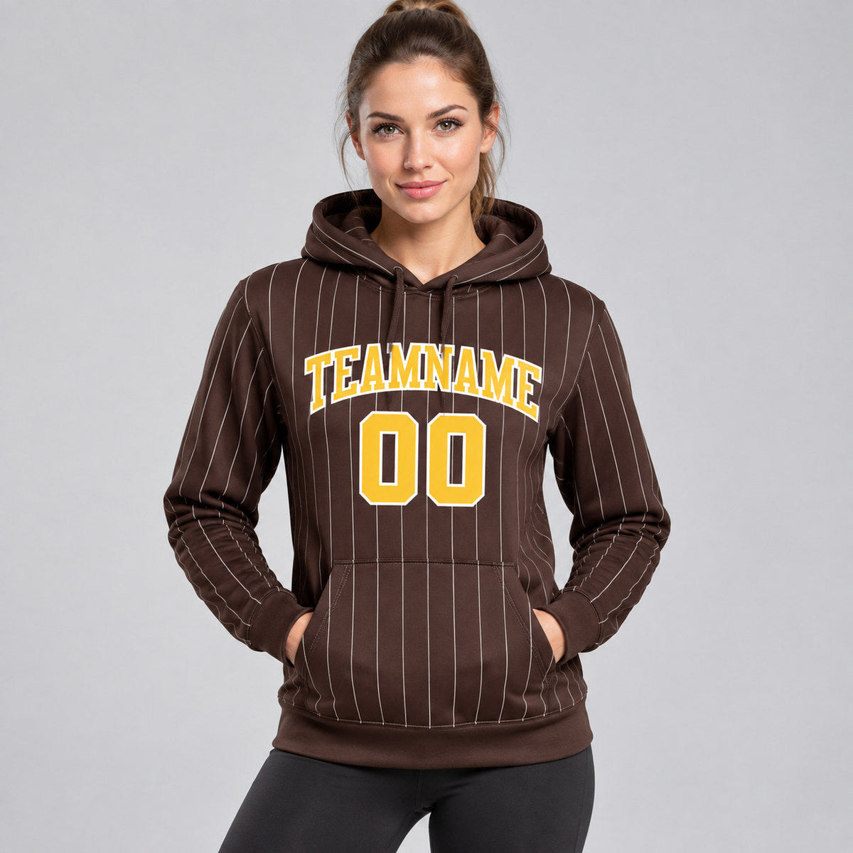 Custom Brown and White Pinstripe Pullover Hoodie with Gold and White Lettering worn by female model