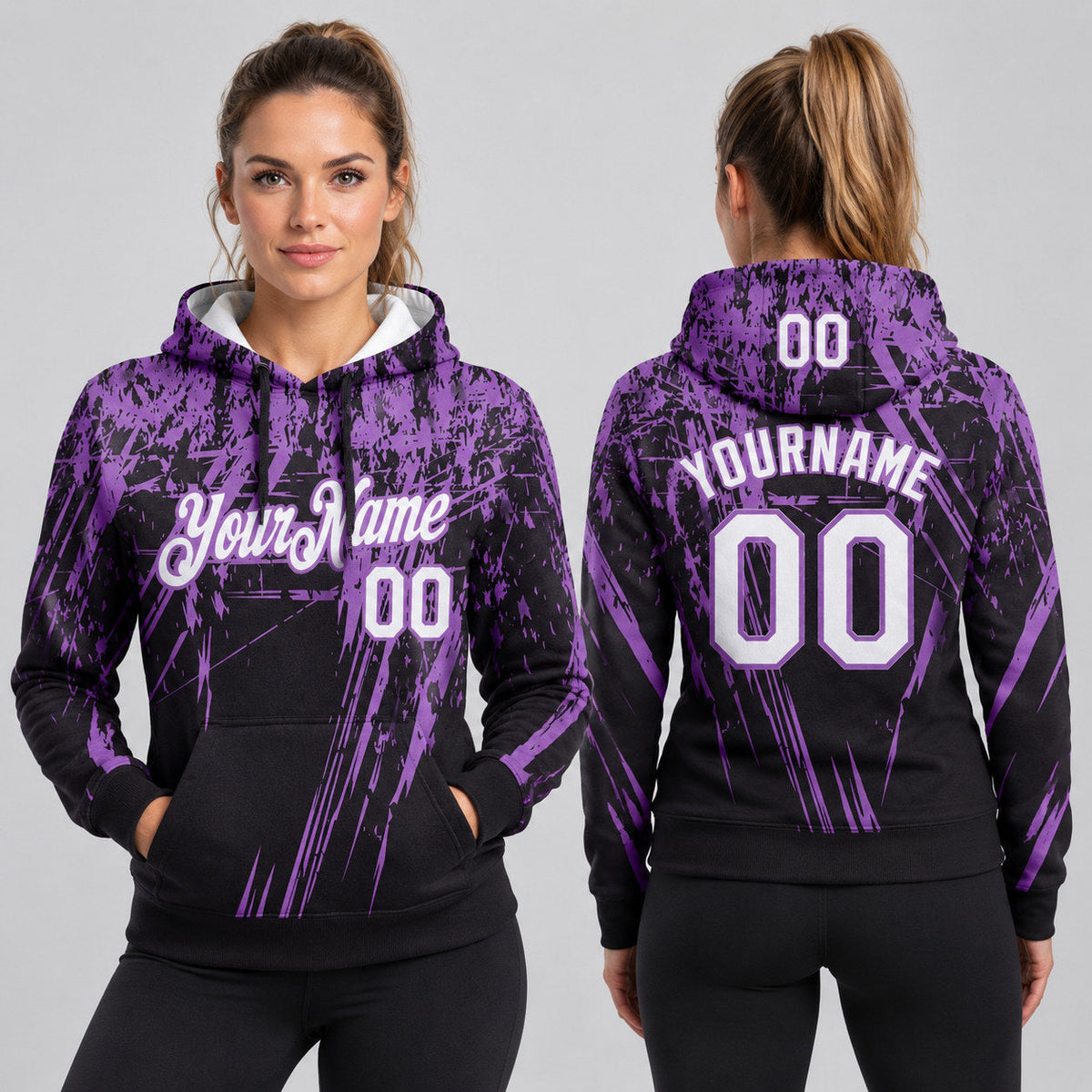 Custom Black Splash Grunge Art Pullover Hoodie with White and Medium Purple Lettering worn by female model