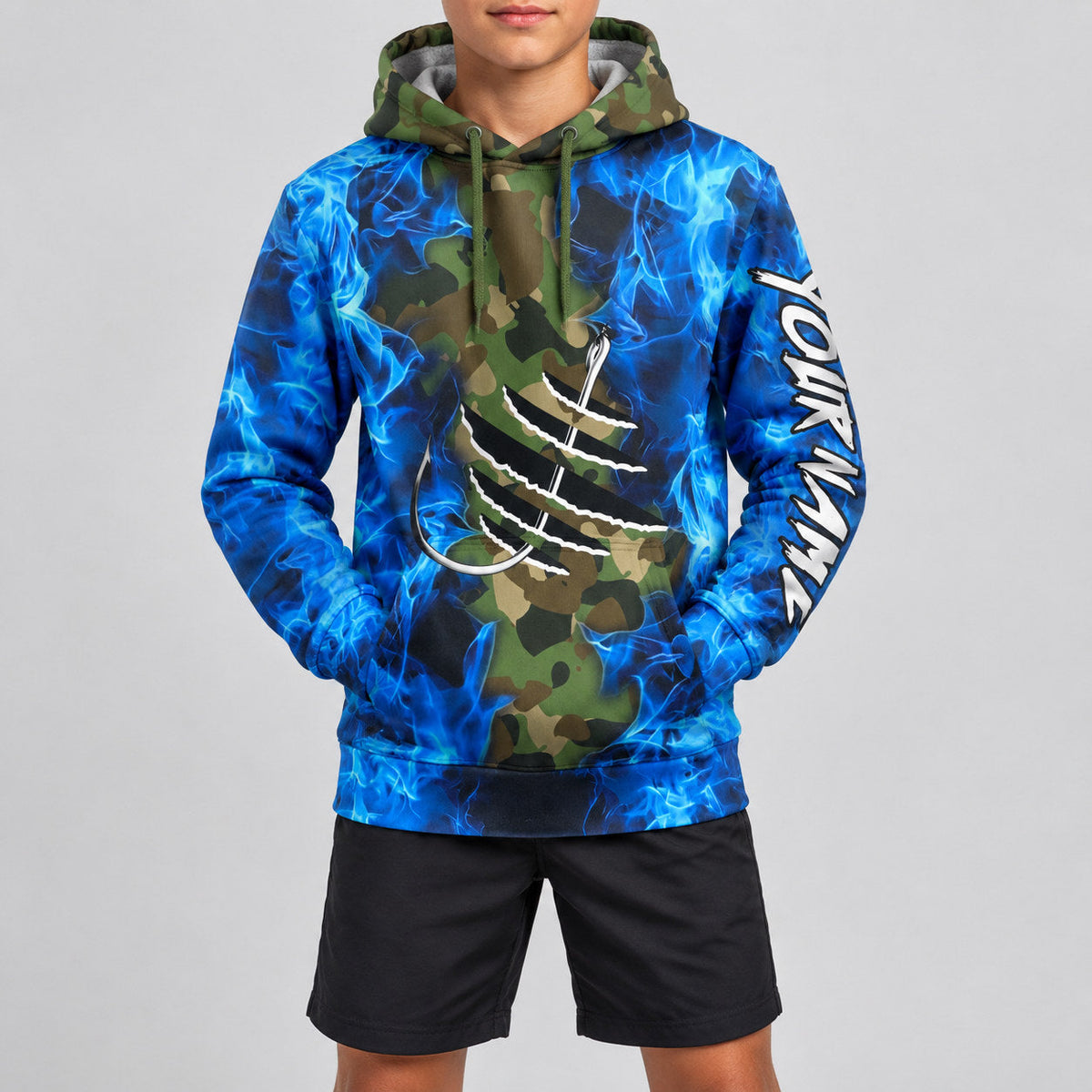 Custom White and Black Camo Flame And Fish Hook Pullover Fishing Hoodie youth size worn by child model