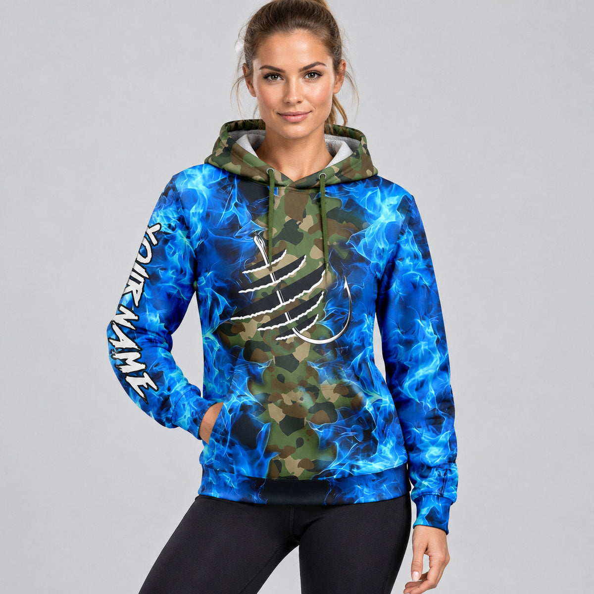 Custom White and Black Camo Flame And Fish Hook Pullover Fishing Hoodie worn by female model