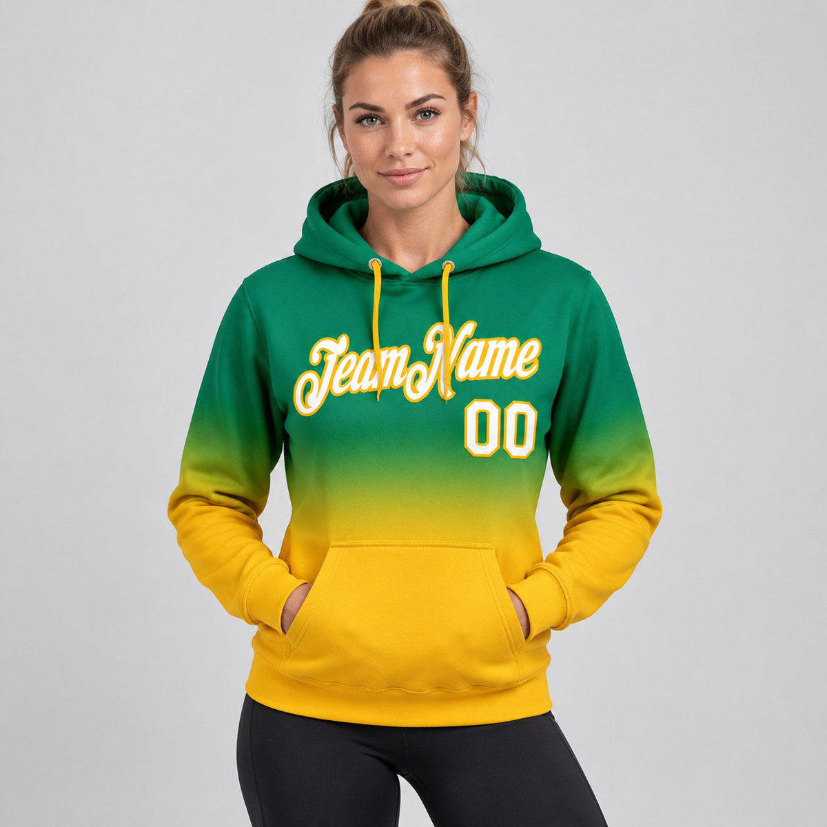 Custom Kelly Green Fade Pullover Hoodie with White and Gold Lettering worn by female model