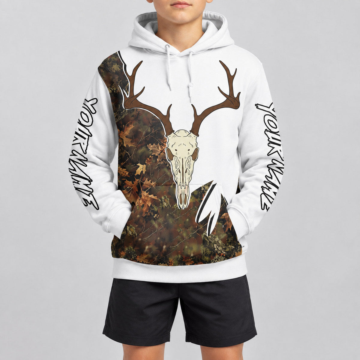 Custom White Camo Deer Skull Hunting Pullover Hoodie with Black Lettering youth size worn by child model