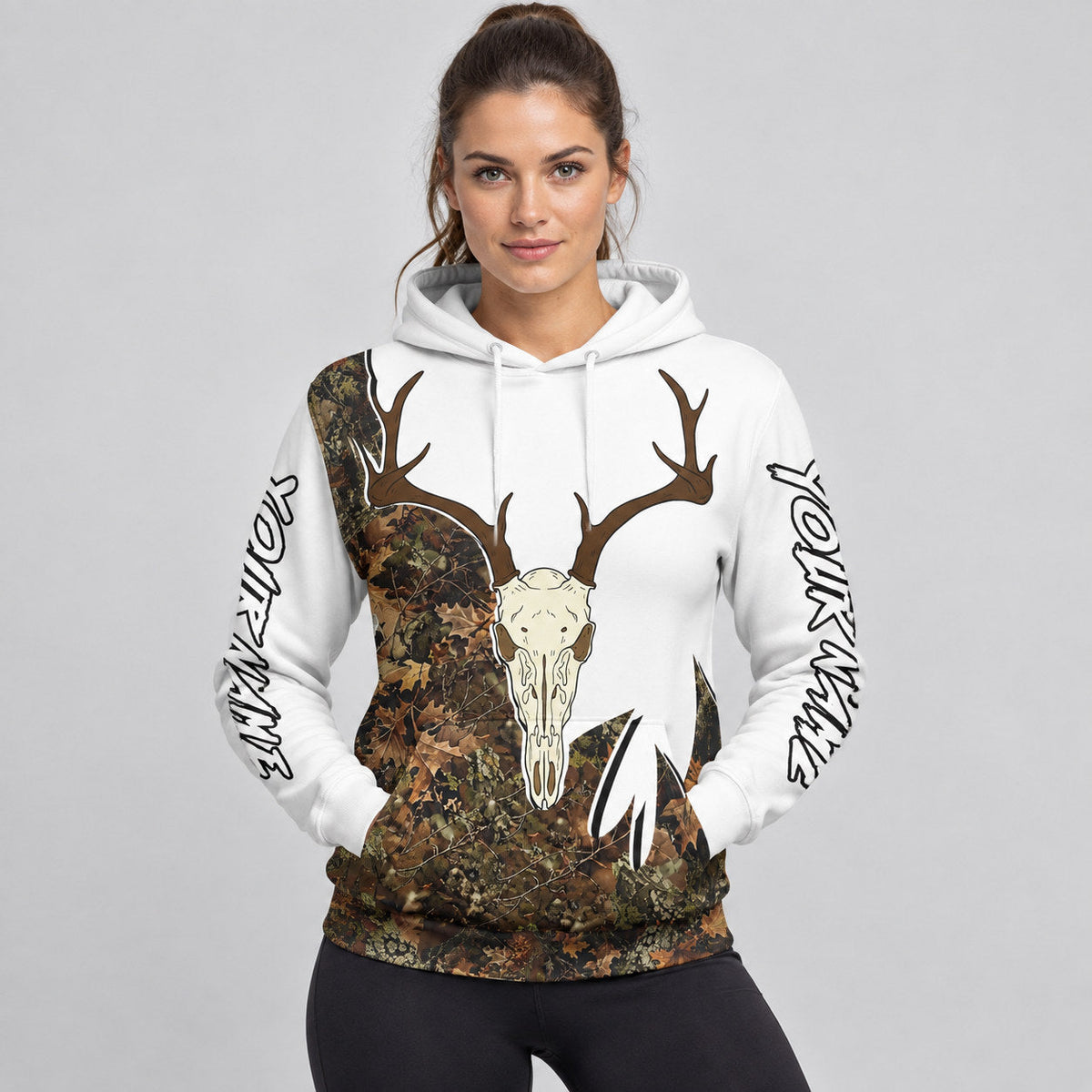 Custom White Camo Deer Skull Hunting Pullover Hoodie with Black Lettering worn by female model