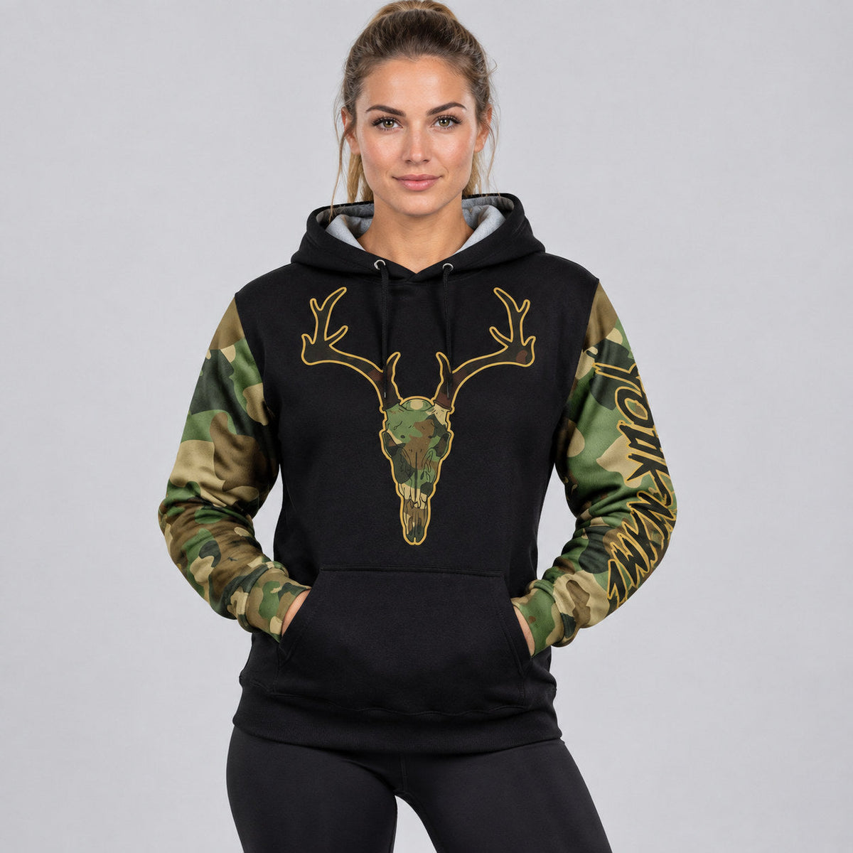 Custom Black and Old Gold Cmao Deer Hunting Pullover Hoodie worn by female model