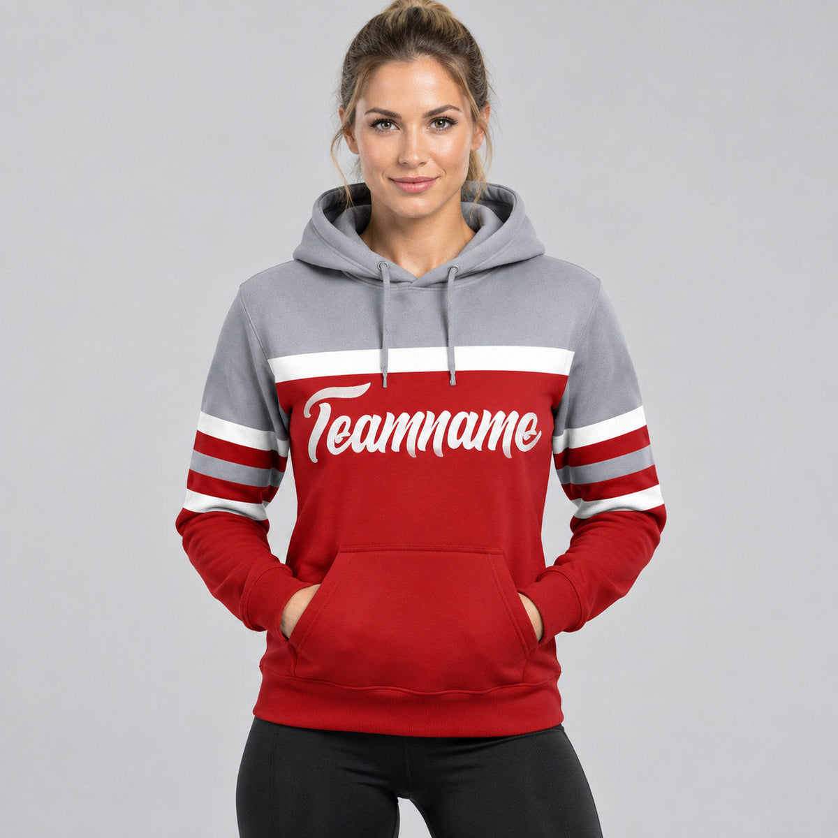 Custom Red Line Pullover Hoodie with White and Gray Lettering worn by female model