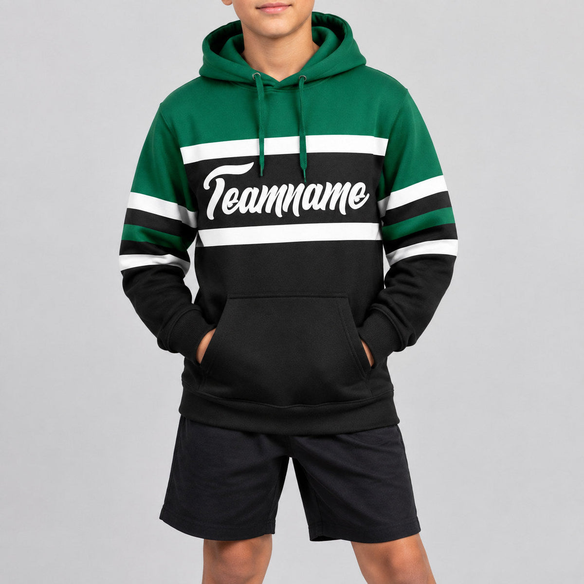 Custom Black Line Pullover Hoodie with White and Kelly Green Lettering youth size worn by child model
