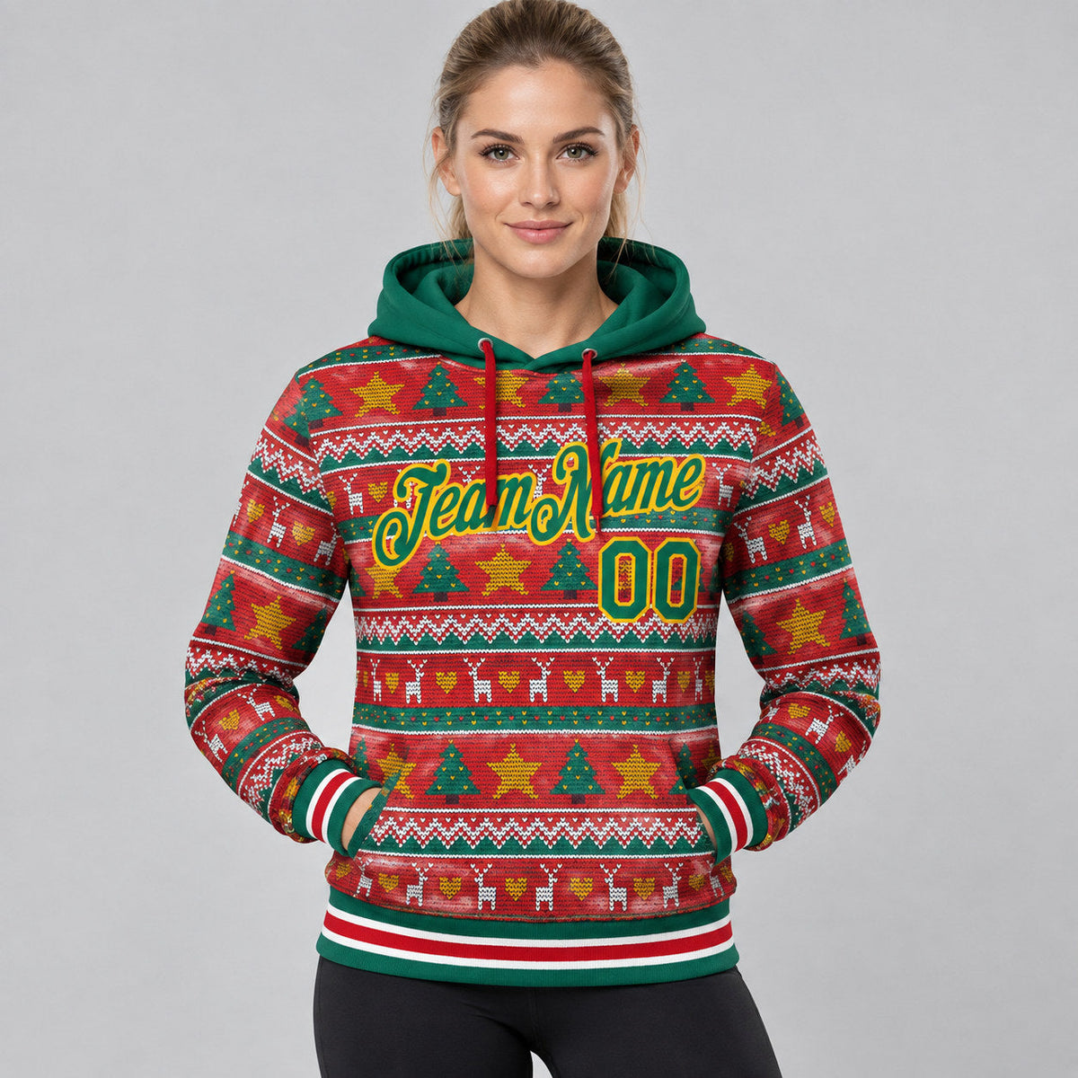 Custom Red Christmas Pullover Hoodie with Kelly Green and Gold Lettering Design 5844 worn by female model