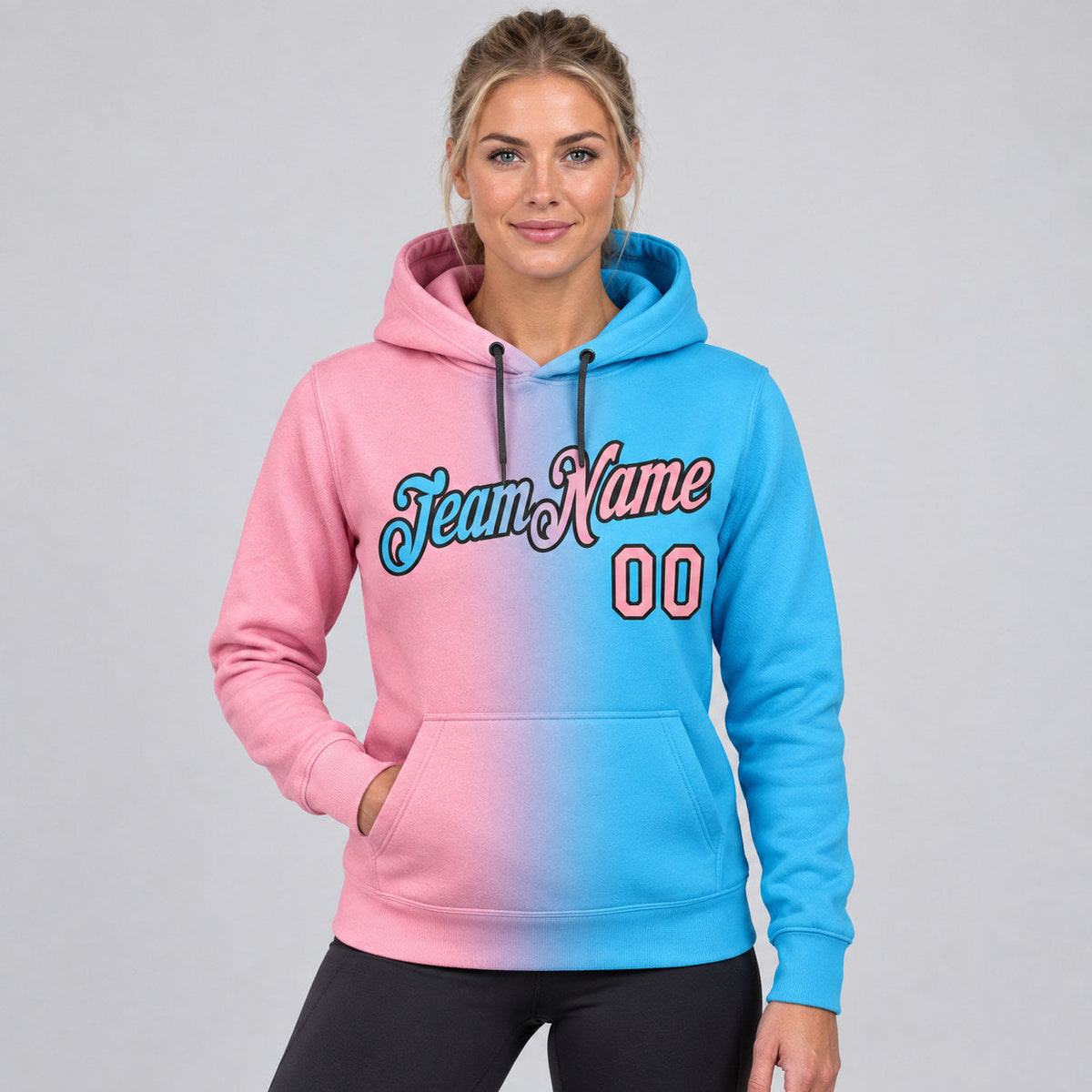 Custom Sky Blue Gradient Pullover Hoodie with Medium Pink and Black Lettering worn by female model