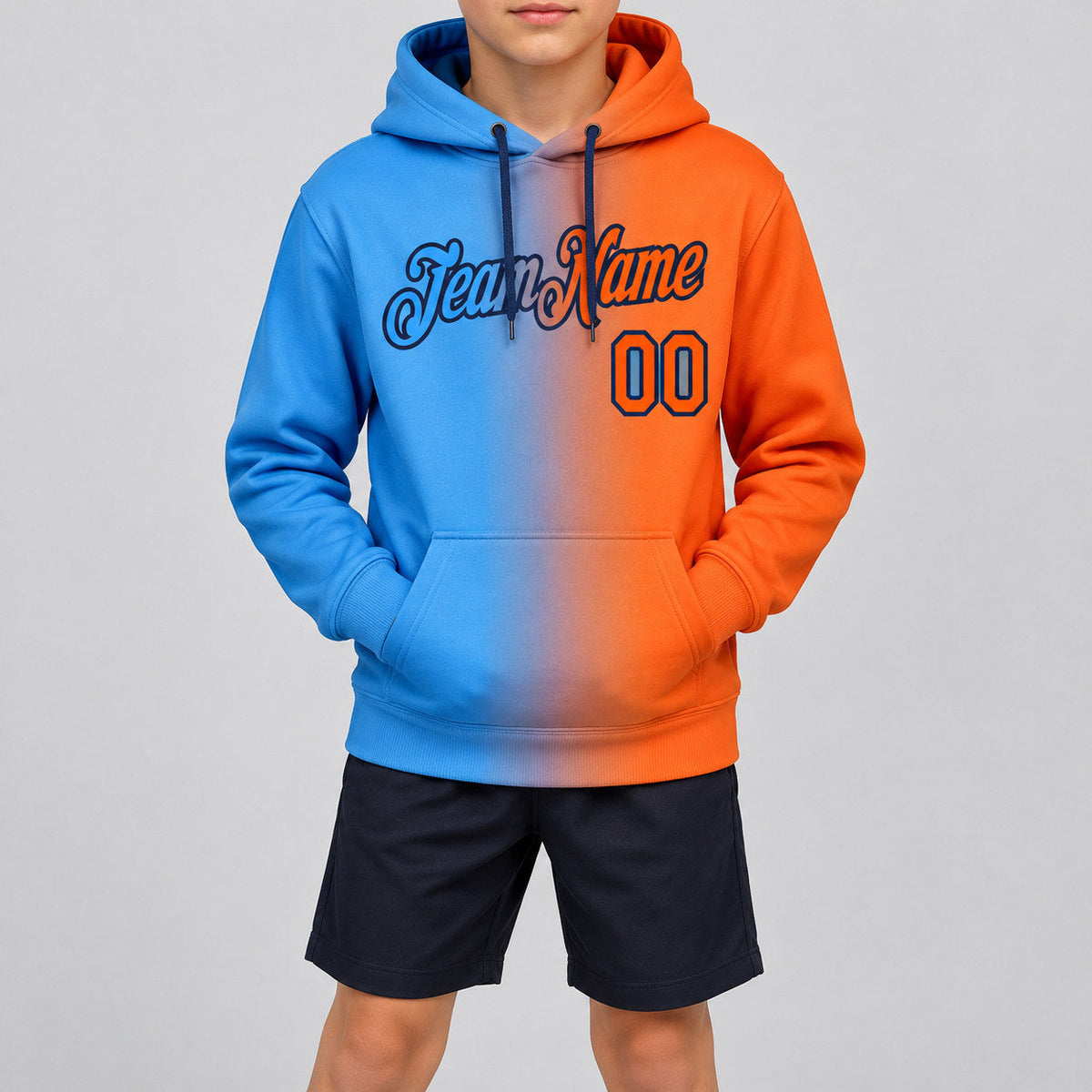 Custom Powder Blue Gradient Pullover Hoodie with Orange and Black Lettering youth size worn by child model