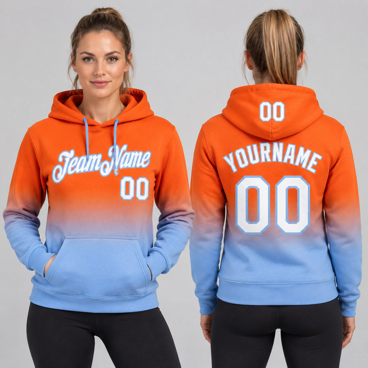 Custom Orange Fade Pullover Hoodie with White and Light Blue Lettering worn by female model