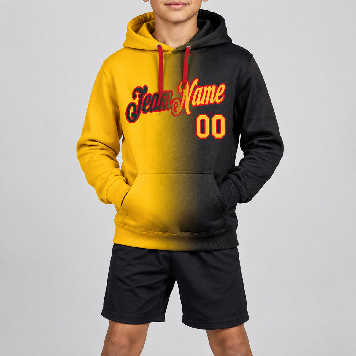 Custom Black Gradient Pullover Hoodie with Gold and Red Lettering youth size worn by child model