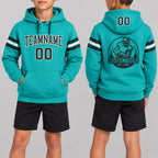 Custom Aqua Football Pullover Hoodie with Black and White Lettering youth size worn by child model