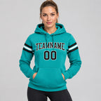 Custom Aqua Football Pullover Hoodie with Black and White Lettering worn by female model