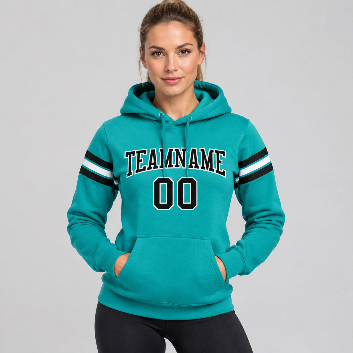 Custom Aqua Football Pullover Hoodie with Black and White Lettering worn by female model