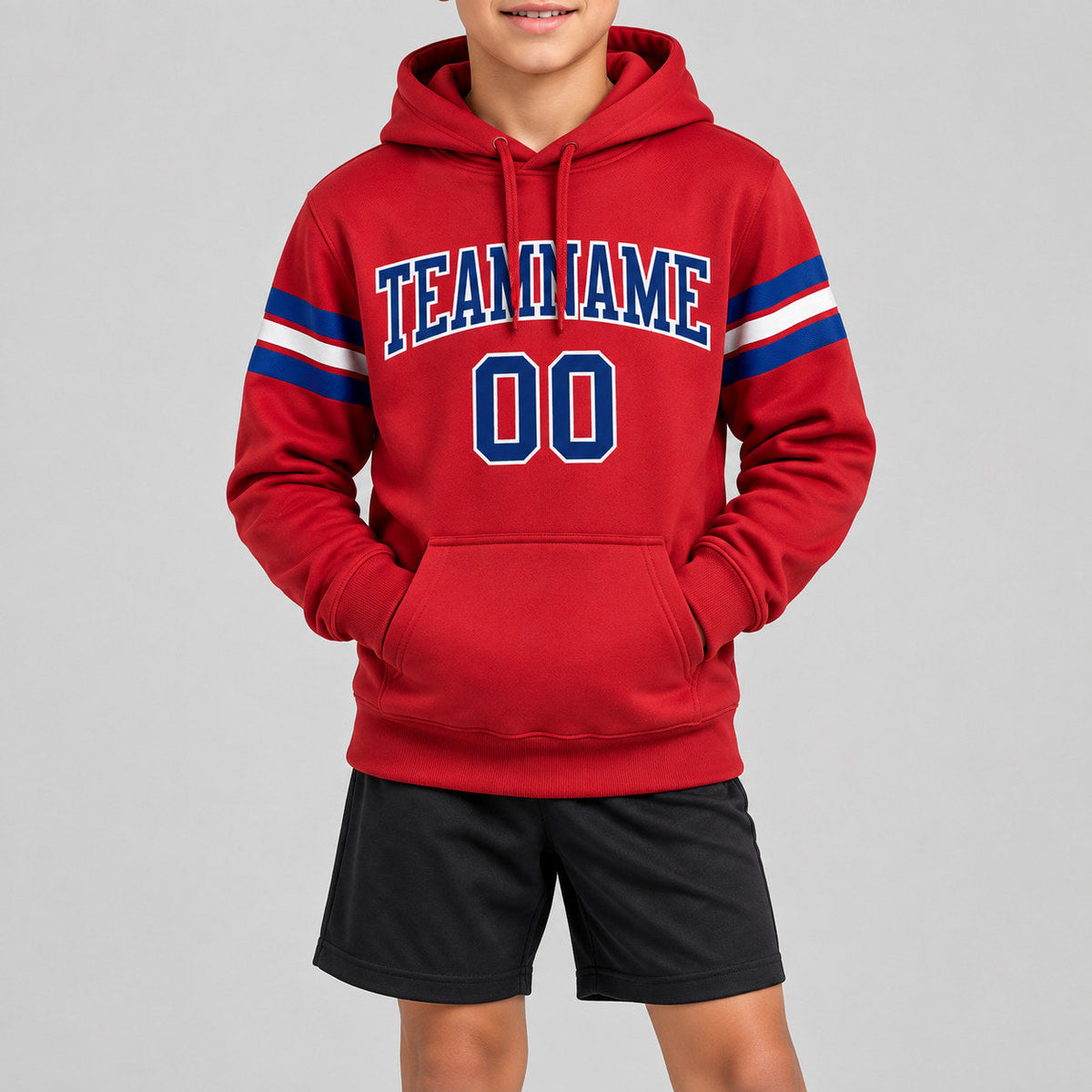Custom Red Football Pullover Hoodie with Royal and White Lettering youth size worn by child model