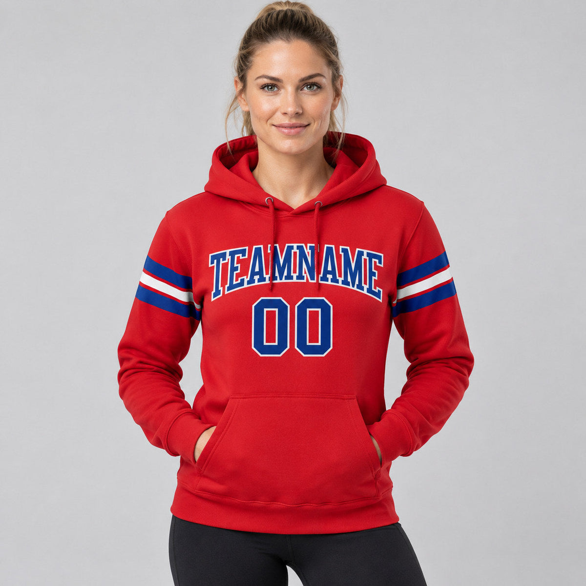 Custom Red Football Pullover Hoodie with Royal and White Lettering worn by female model