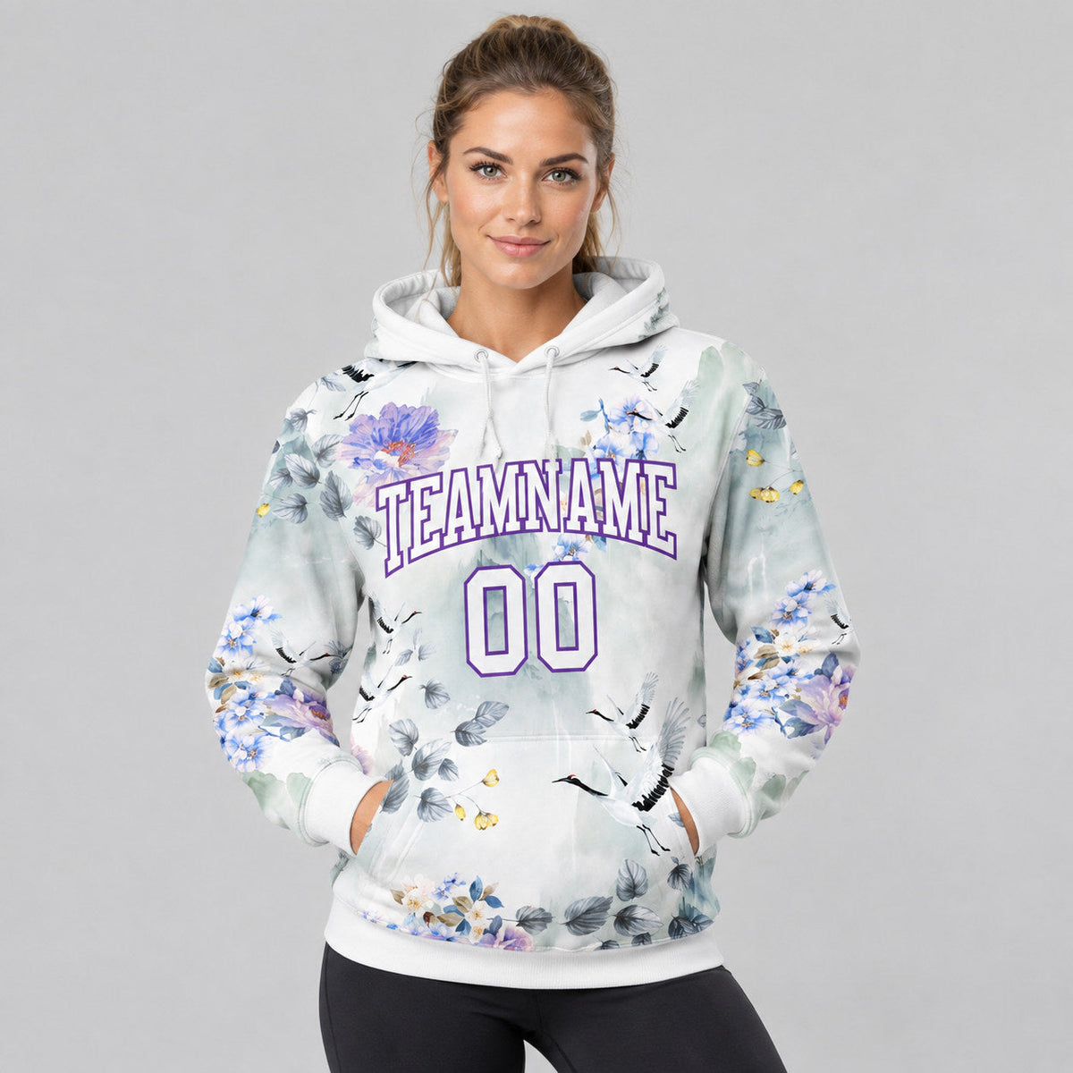 Custom White Crane And Flower Pullover Hoodie with Purple Lettering worn by female model