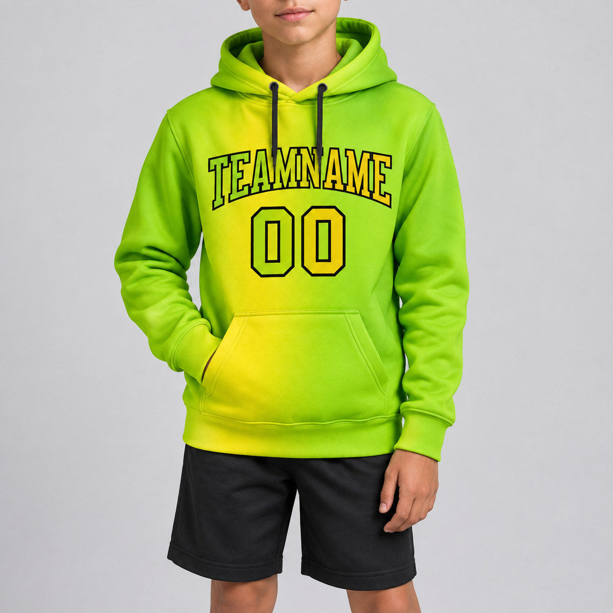 Custom Neon Green Gradient Pullover Hoodie with Yellow and Black Lettering youth size worn by child model