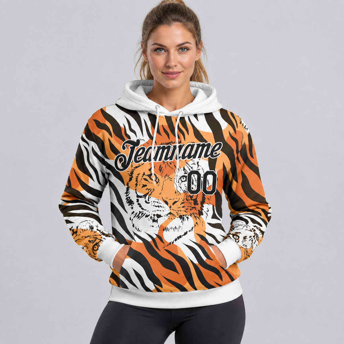 Custom Orange Tiger Pullover Hoodie with Black and White Lettering worn by female model