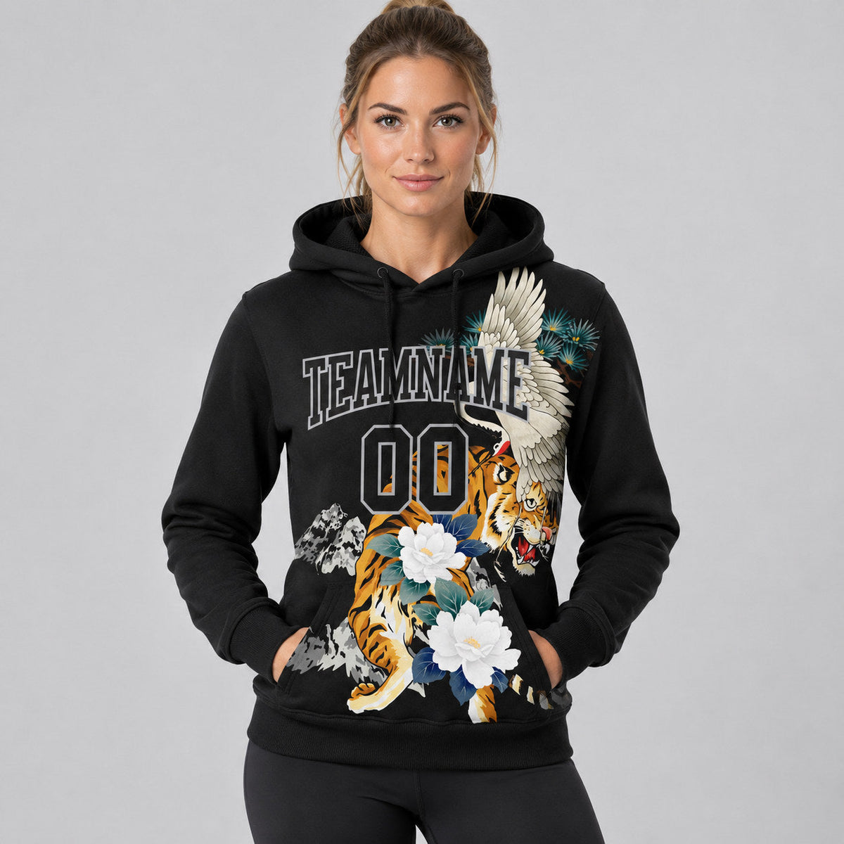 Custom Black Crane And Tiger Pullover Hoodie with Gray Lettering worn by female model