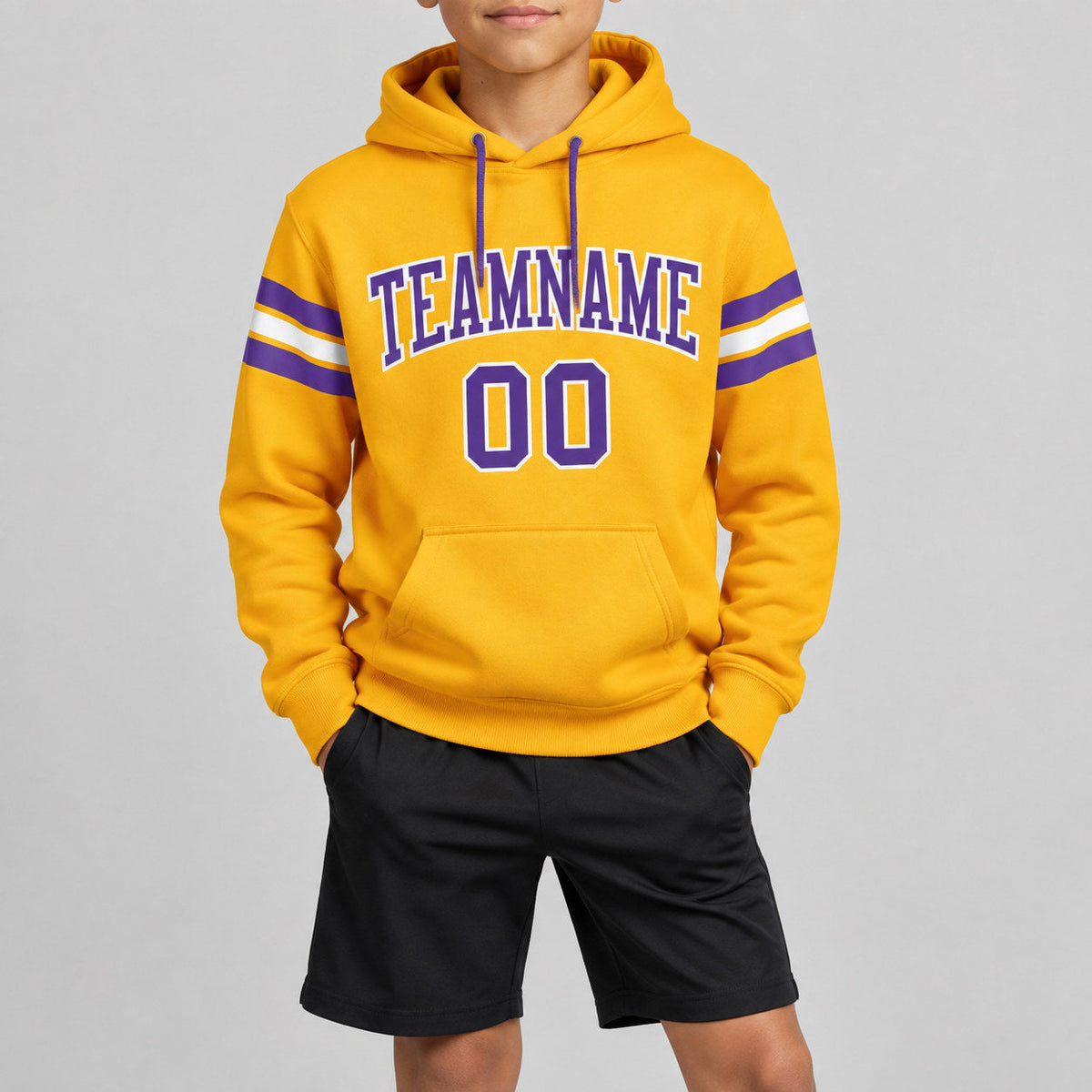 Custom Gold Football Pullover Hoodie with Purple and White Lettering youth size worn by child model