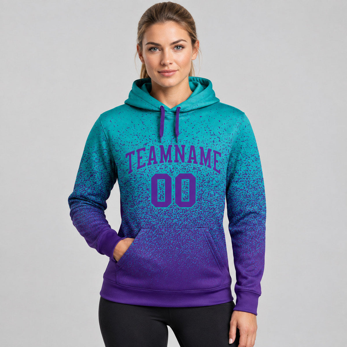 Custom Aqua Fade Pullover Hoodie with Purple Lettering worn by female model
