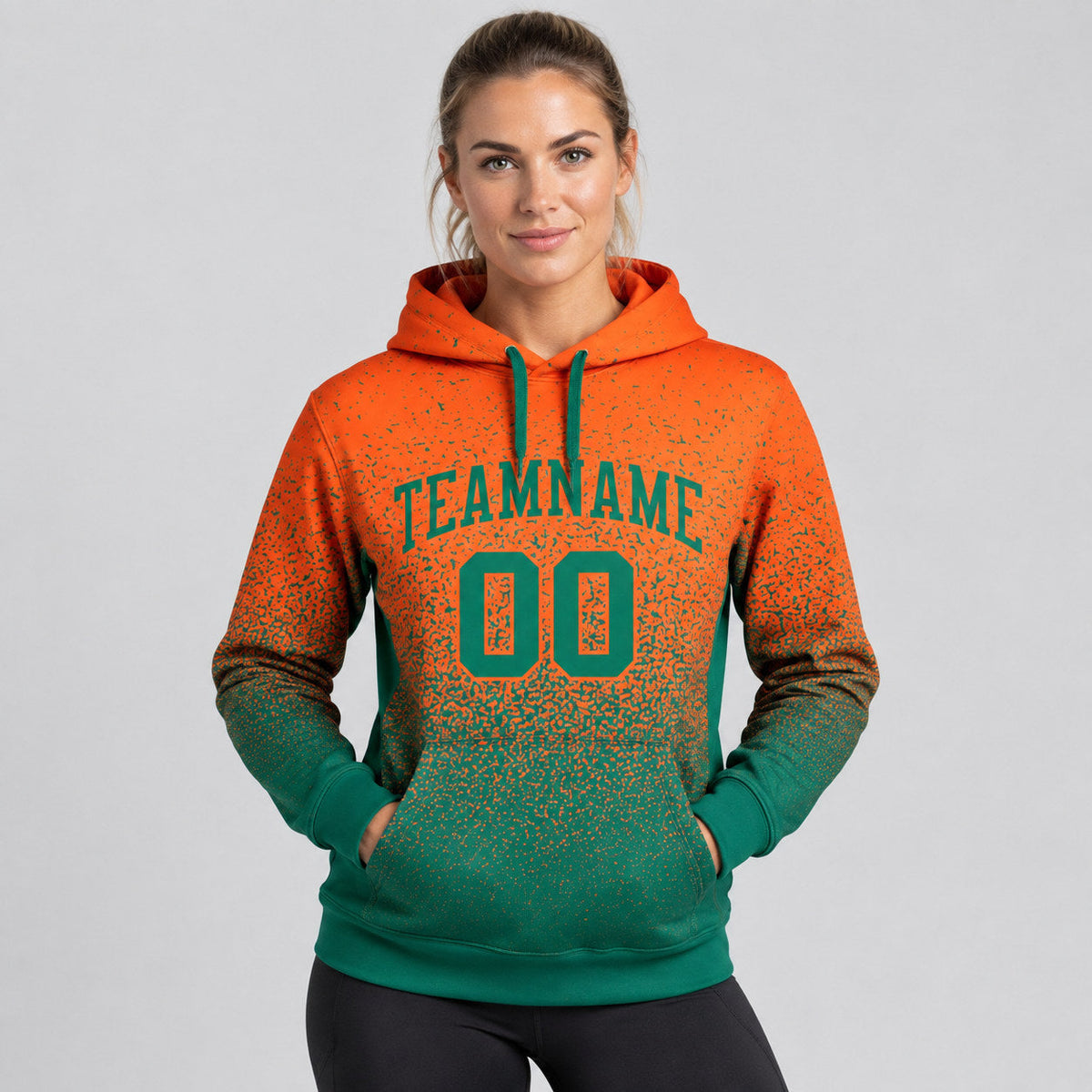 Custom Orange Fade Pullover Hoodie with Kelly Green Lettering worn by female model