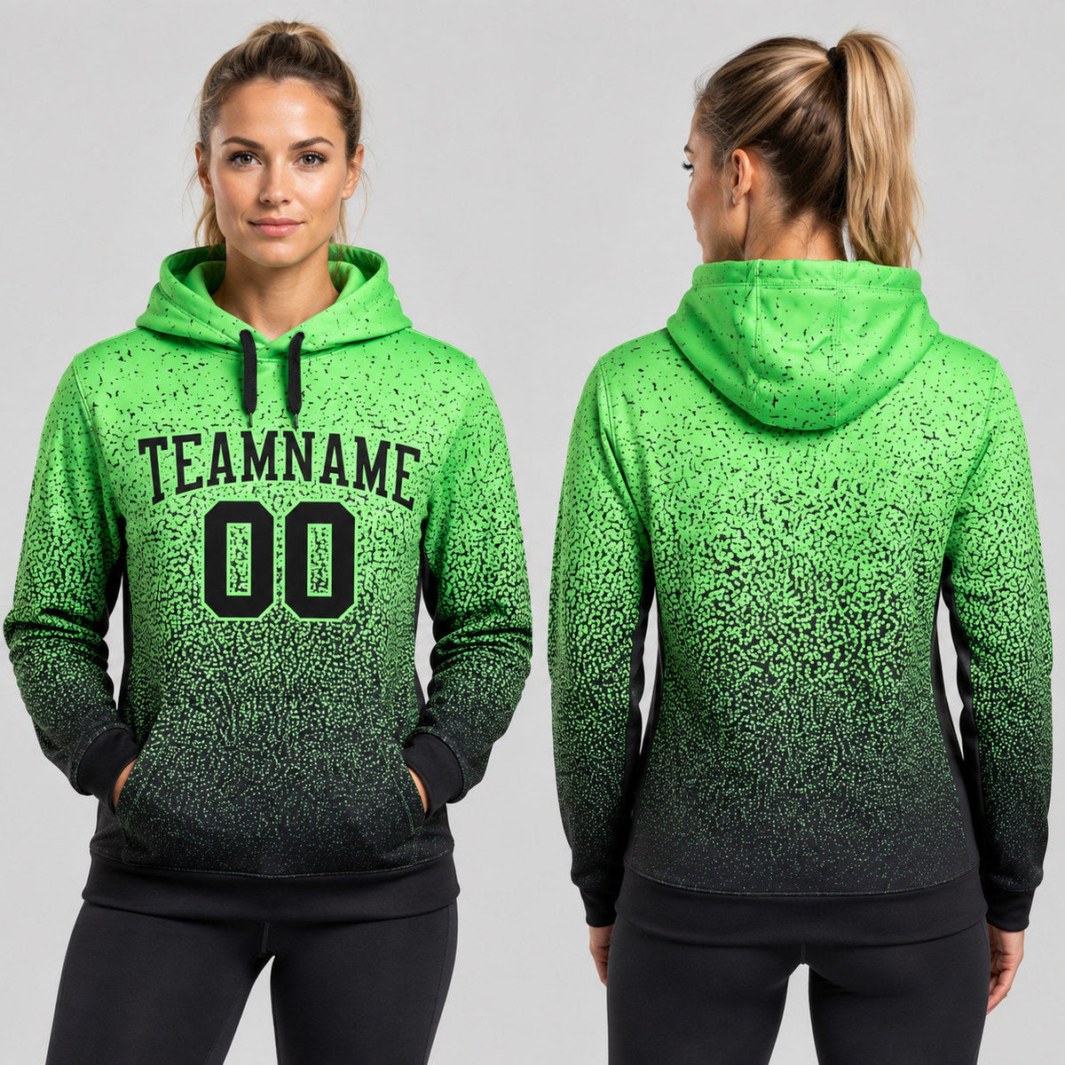 Custom Pea Green Fade Pullover Hoodie with Black Lettering worn by female model