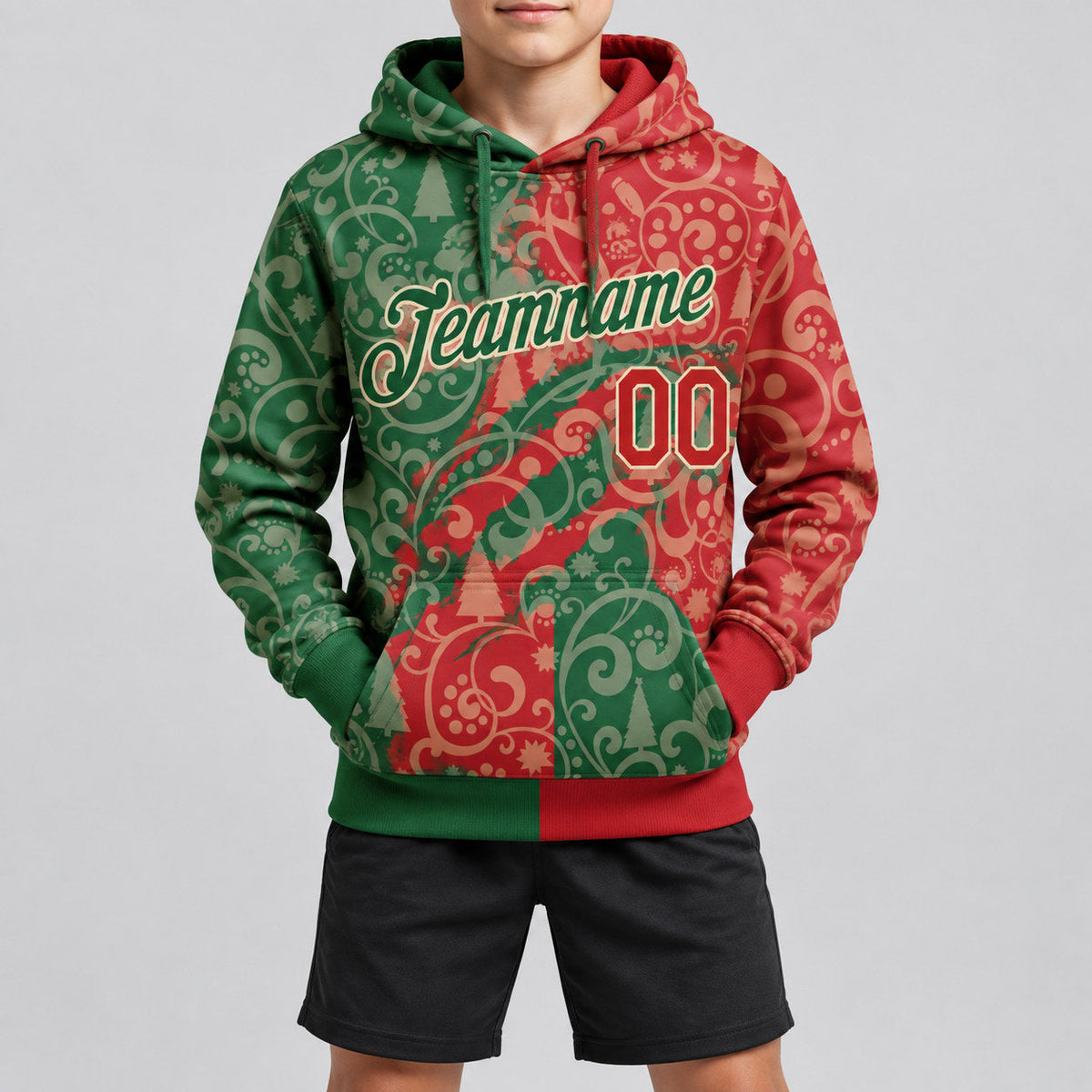 Custom Green Christmas Pullover Hoodie with Red and Cream Lettering youth size worn by child model