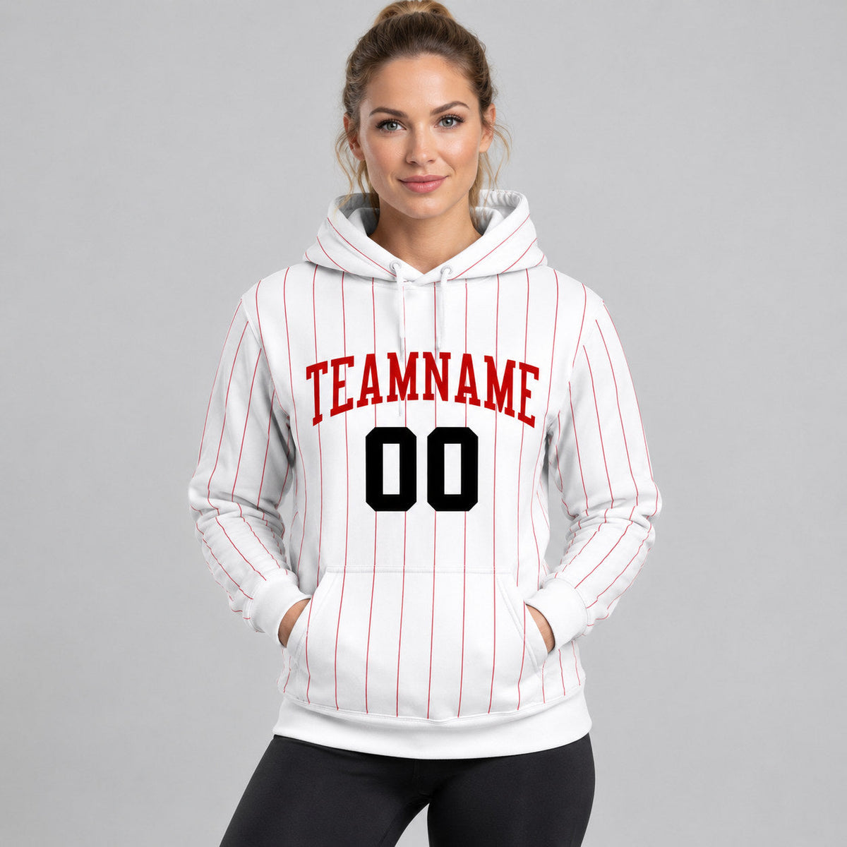 Custom White and Red Pinstripe Pullover Hoodie with Red and Black Lettering worn by female model