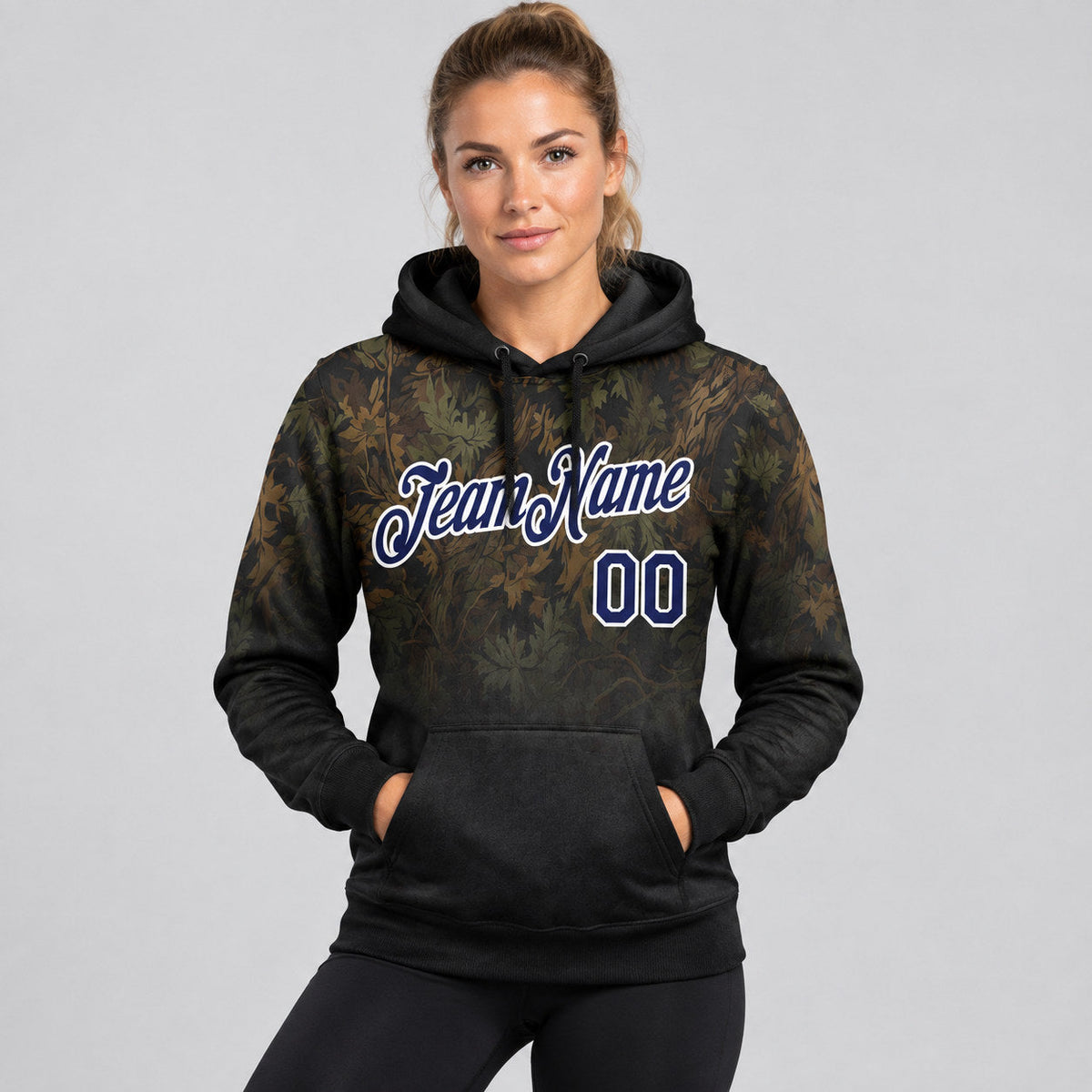 Custom Black Tree Camo Hunting Pullover Hoodie with Navy and White Lettering worn by female model