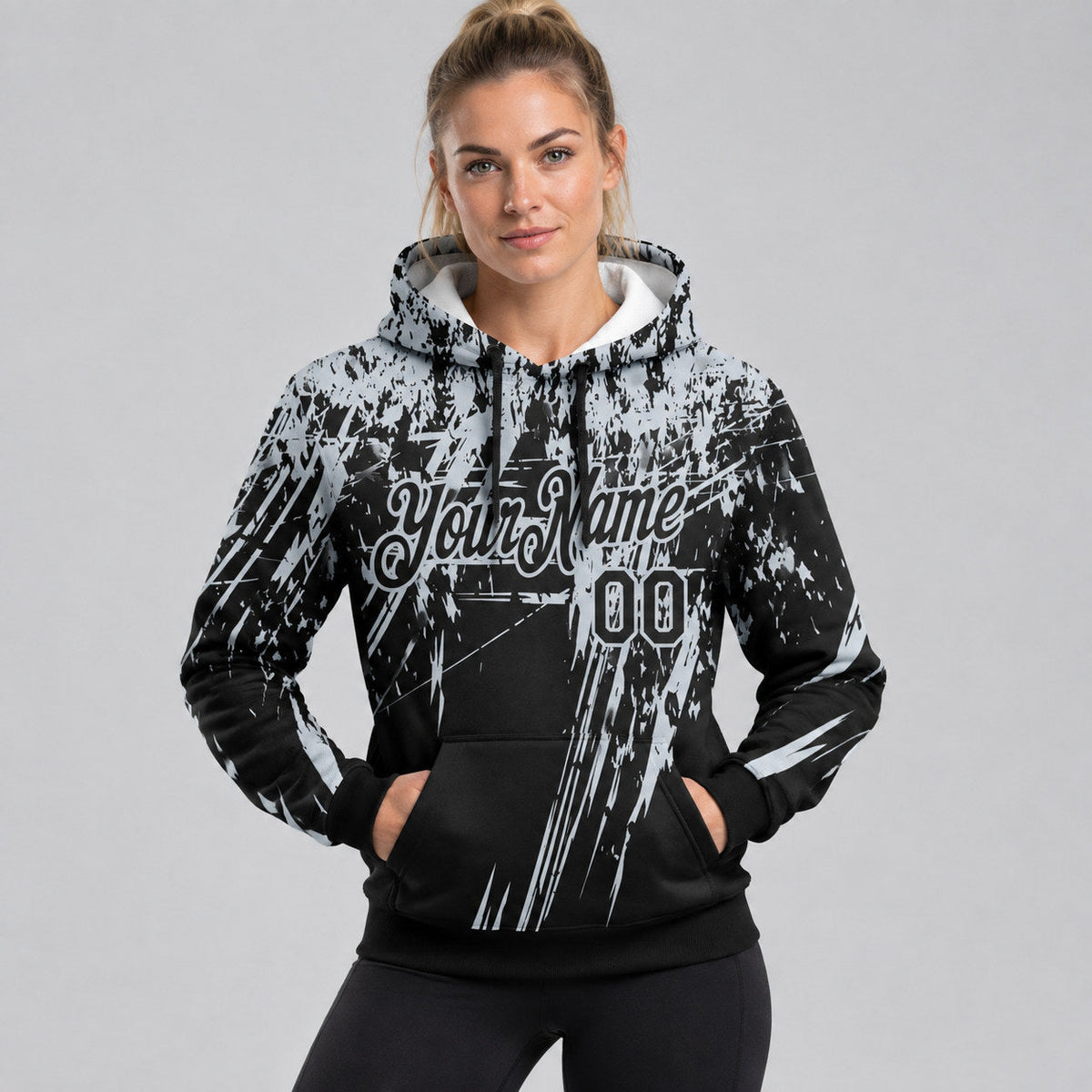 Custom Black Splash Grunge Art Pullover Hoodie with Silver Lettering worn by female model