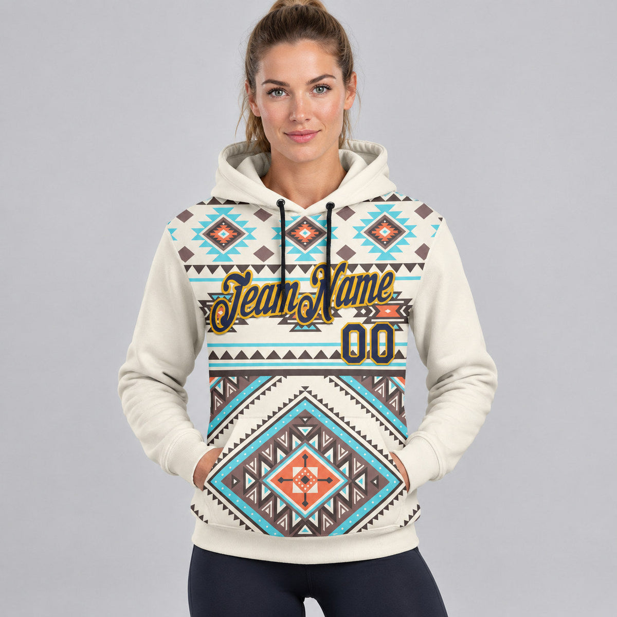 Custom Cream and Navy Blue and Orange Mexico Aztec Pullover Hoodie with Gray and Gold Lettering worn by female model