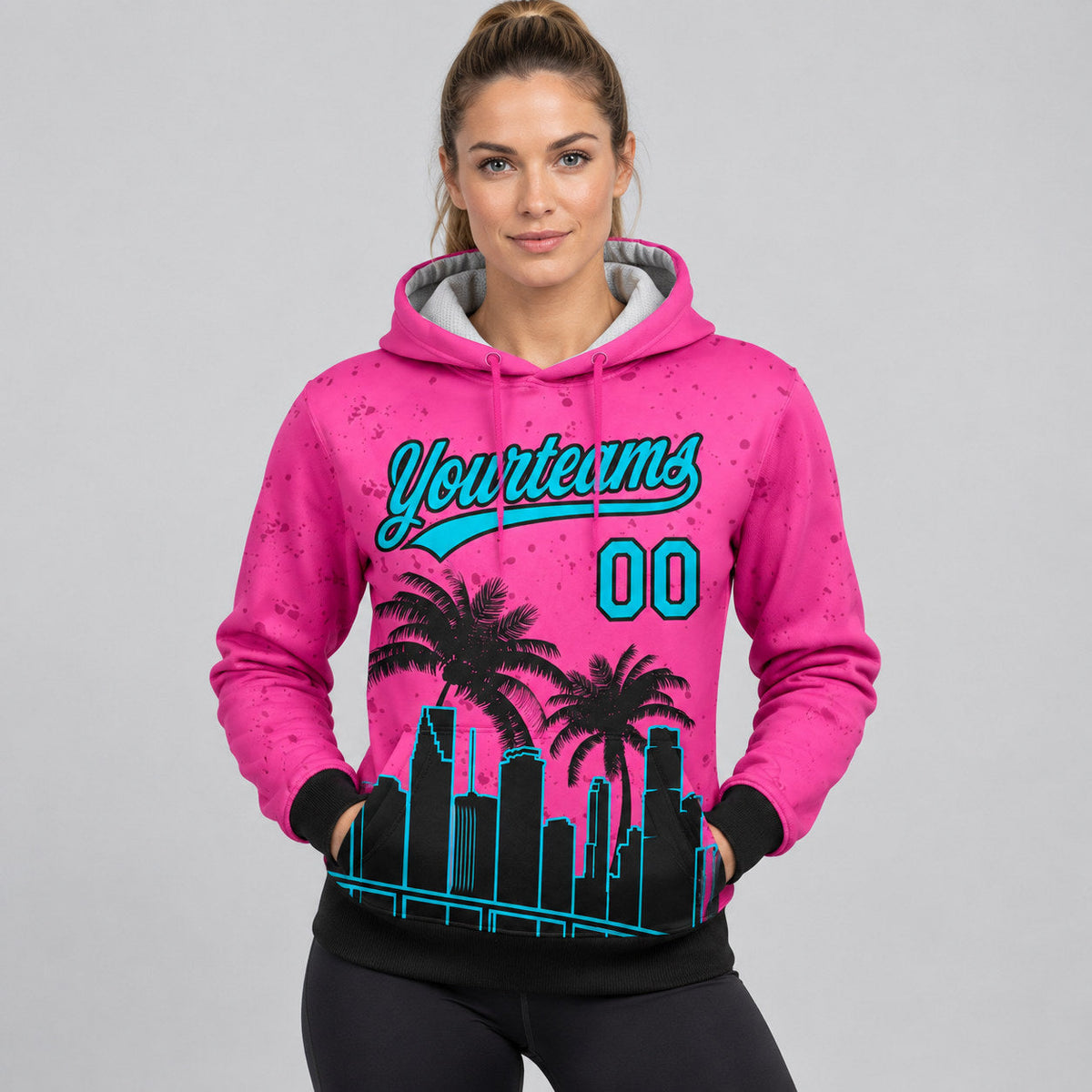 Custom Pink Miami Palm Trees City Edition Pullover Hoodie with Sky Blue and Black Lettering worn by female model