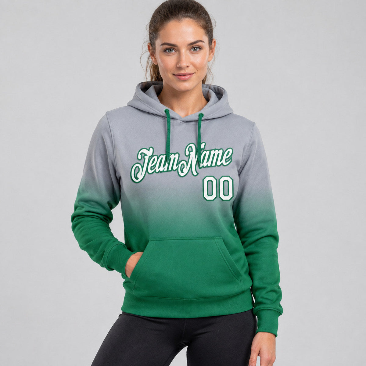 Custom Gray Fade Pullover Hoodie with White and Kelly Green Lettering worn by female model