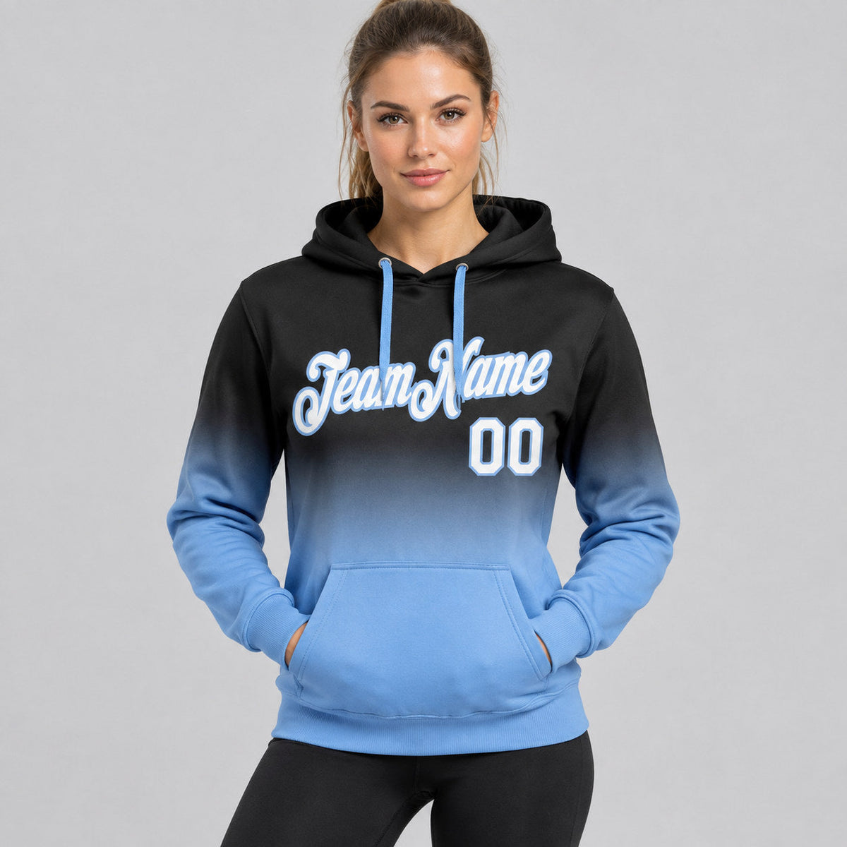 Custom Black Fade Pullover Hoodie with White and Light Blue Lettering worn by female model