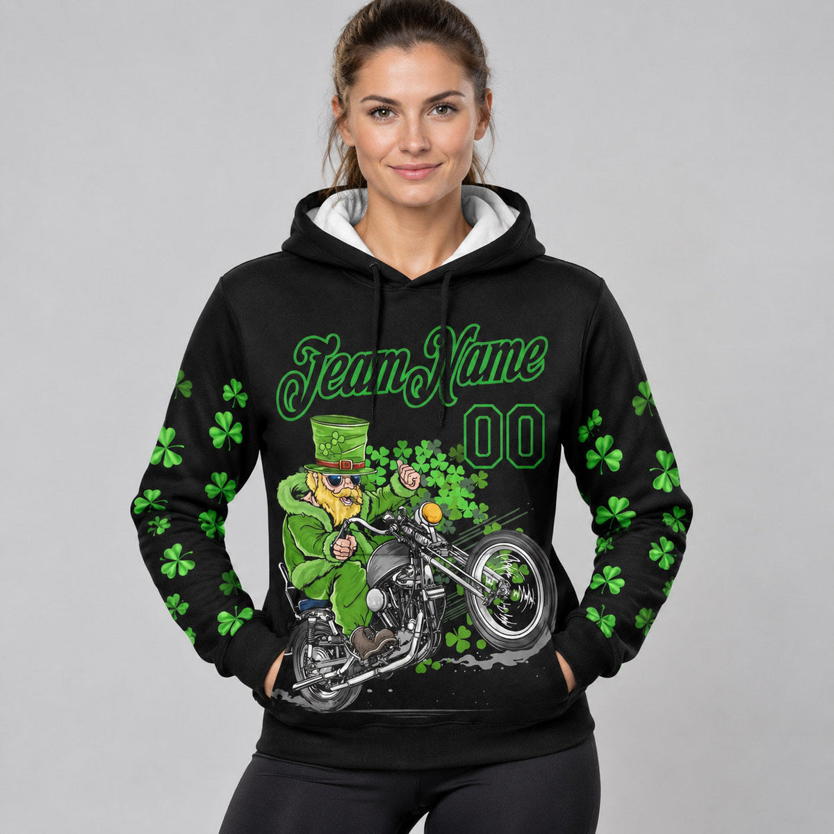 Custom Black St. Patrick's Day Racing Pullover Hoodie with Grass Green Lettering worn by female model