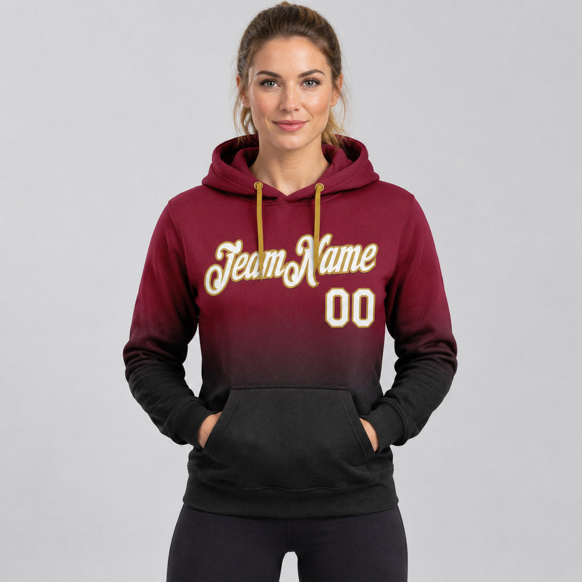 Custom Crimson and White Fade Pullover Hoodie with Black and Old Gold Lettering worn by female model