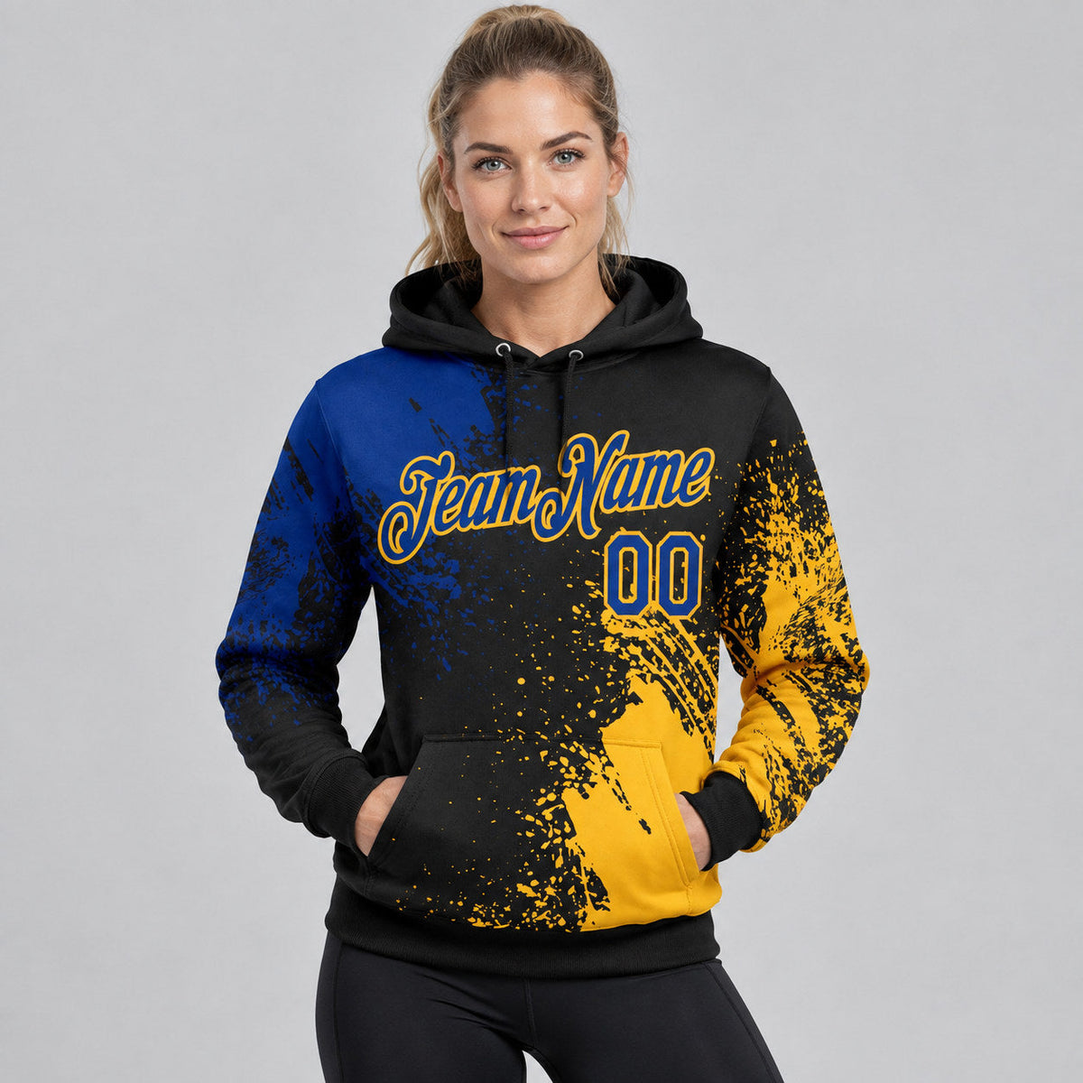Custom Black Abstract Brush Stroke Pullover Hoodie with Royal and Gold Lettering worn by female model
