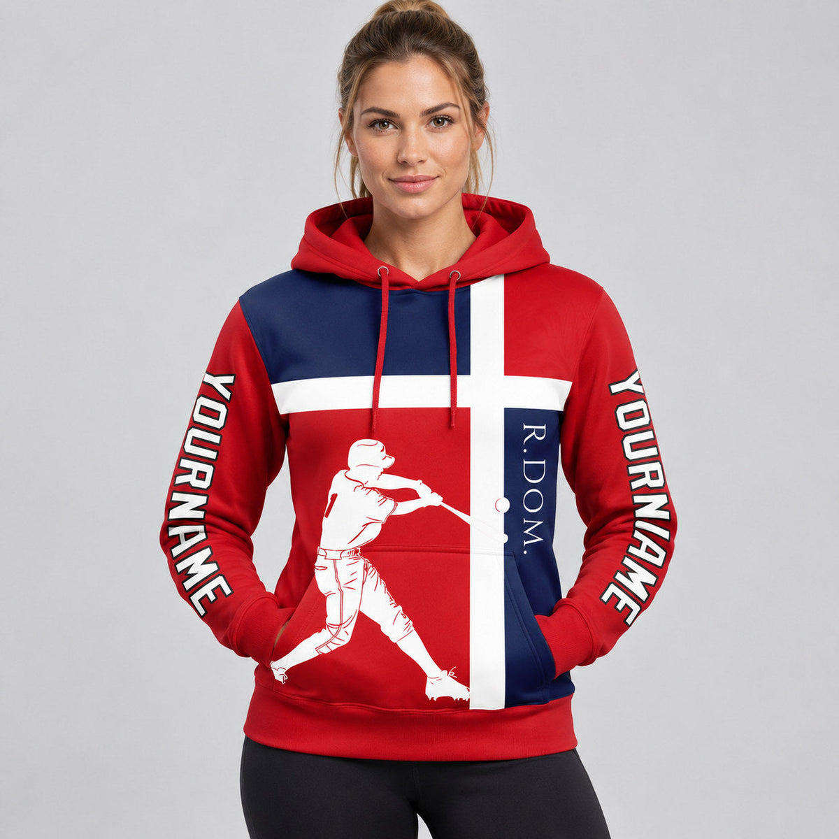 Custom Red Dominican Republic Flag Pullover Hoodie with US Navy Blue and Black Lettering worn by female model