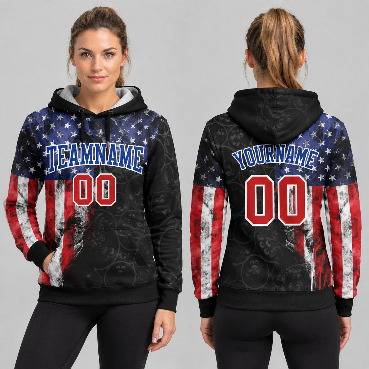 Custom Black American Flag Bowling Pullover Hoodie with Red and Royal Lettering worn by female model