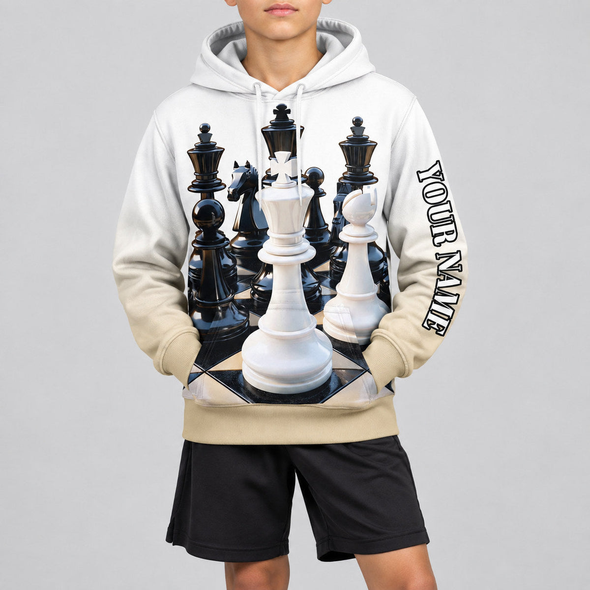 Custom White Chess International Day Pullover Hoodie with Vegas Gold and Black Lettering youth size worn by child model