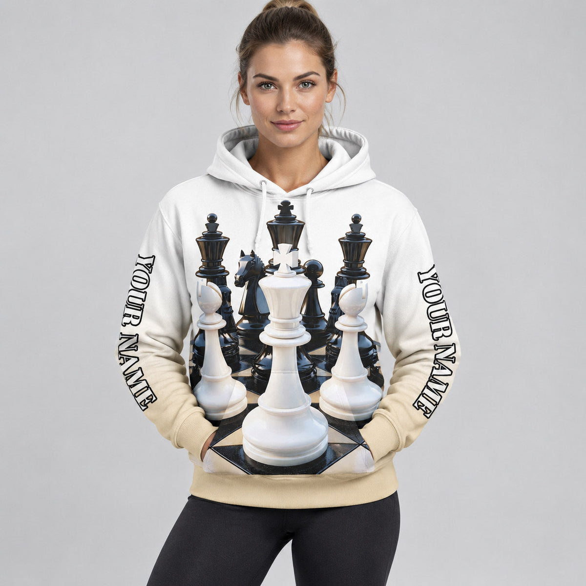 Custom White Chess International Day Pullover Hoodie with Vegas Gold and Black Lettering worn by female model