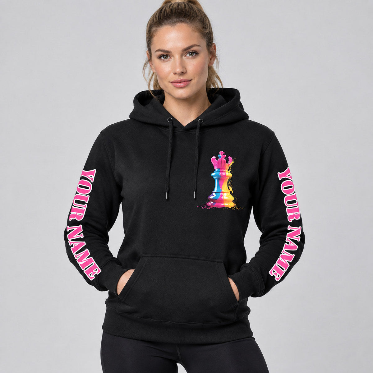 Custom Black Watercolor Chess Piece International Day Pullover Hoodie with Pink and White Lettering worn by female model