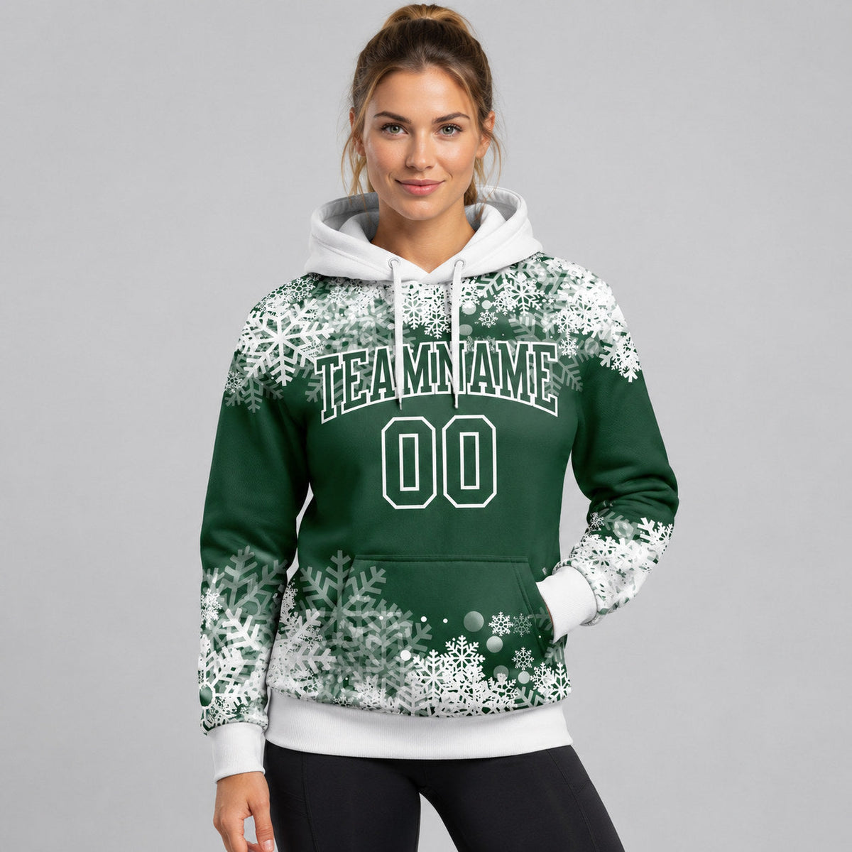 Custom Green Christmas Snowflakes Pullover Hoodie with White Lettering worn by female model