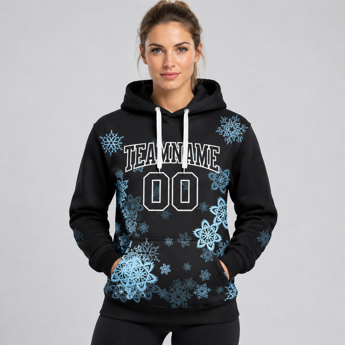 Custom Black Christmas Snowflakes Pullover Hoodie with White Lettering Design 6036 worn by female model