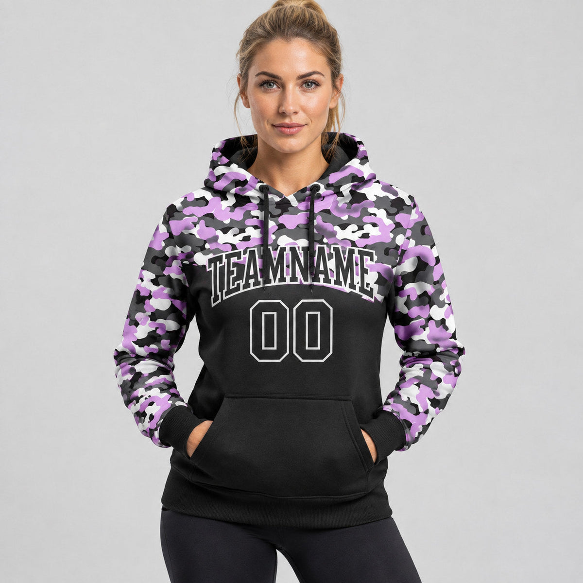 Custom Black Camo Salute To Service Pullover Hoodie with Light Purple and Steel Gray Lettering worn by female model